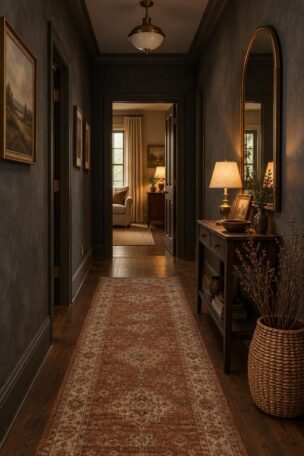 13 Warm & Moody Hallway Ideas for a Dark, Inviting Glow 16 A warm charcoal hallway with a faded rust and cream wool runner, a dark wood console with a brass lamp and arched mirror, a basket of dried branches, and a lit doorway at the far end.