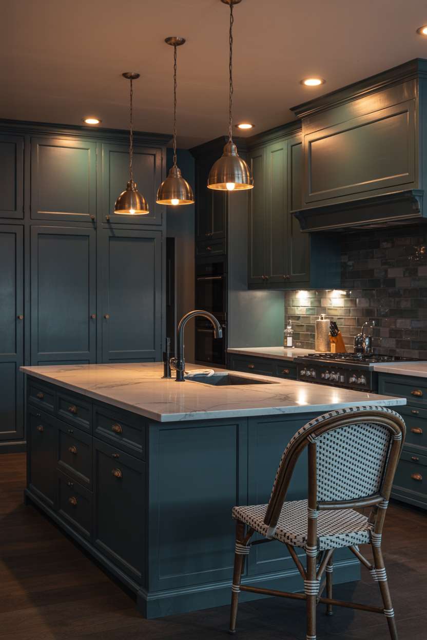Dark teal kitchen cabinets with Carrara marble island and brass pendant lights