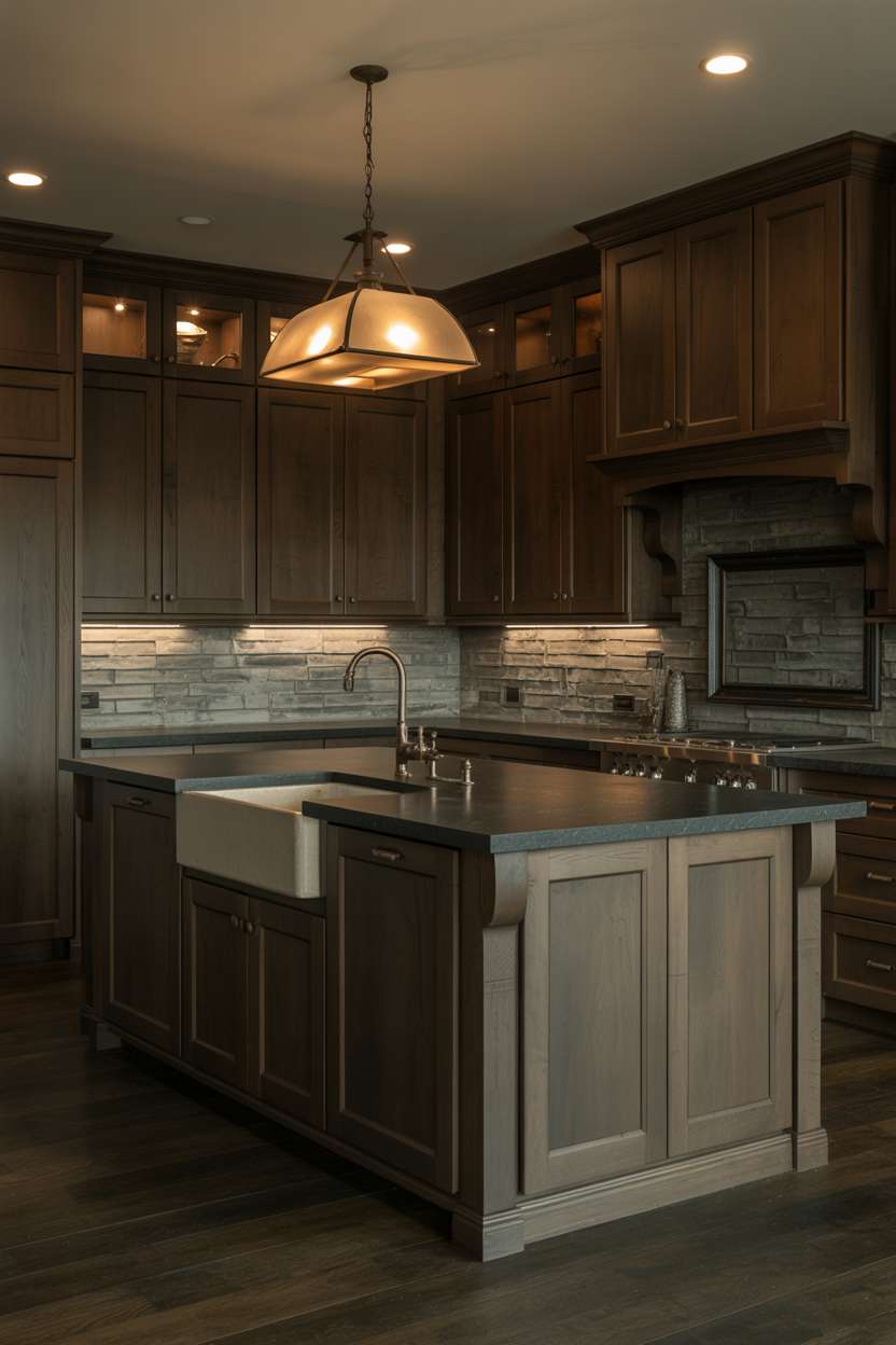 Dark stained kitchen with black granite island and farmhouse sink
