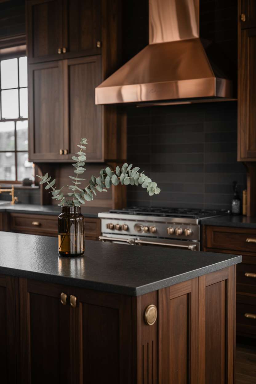 Walnut kitchen cabinets with black granite island and copper range hood