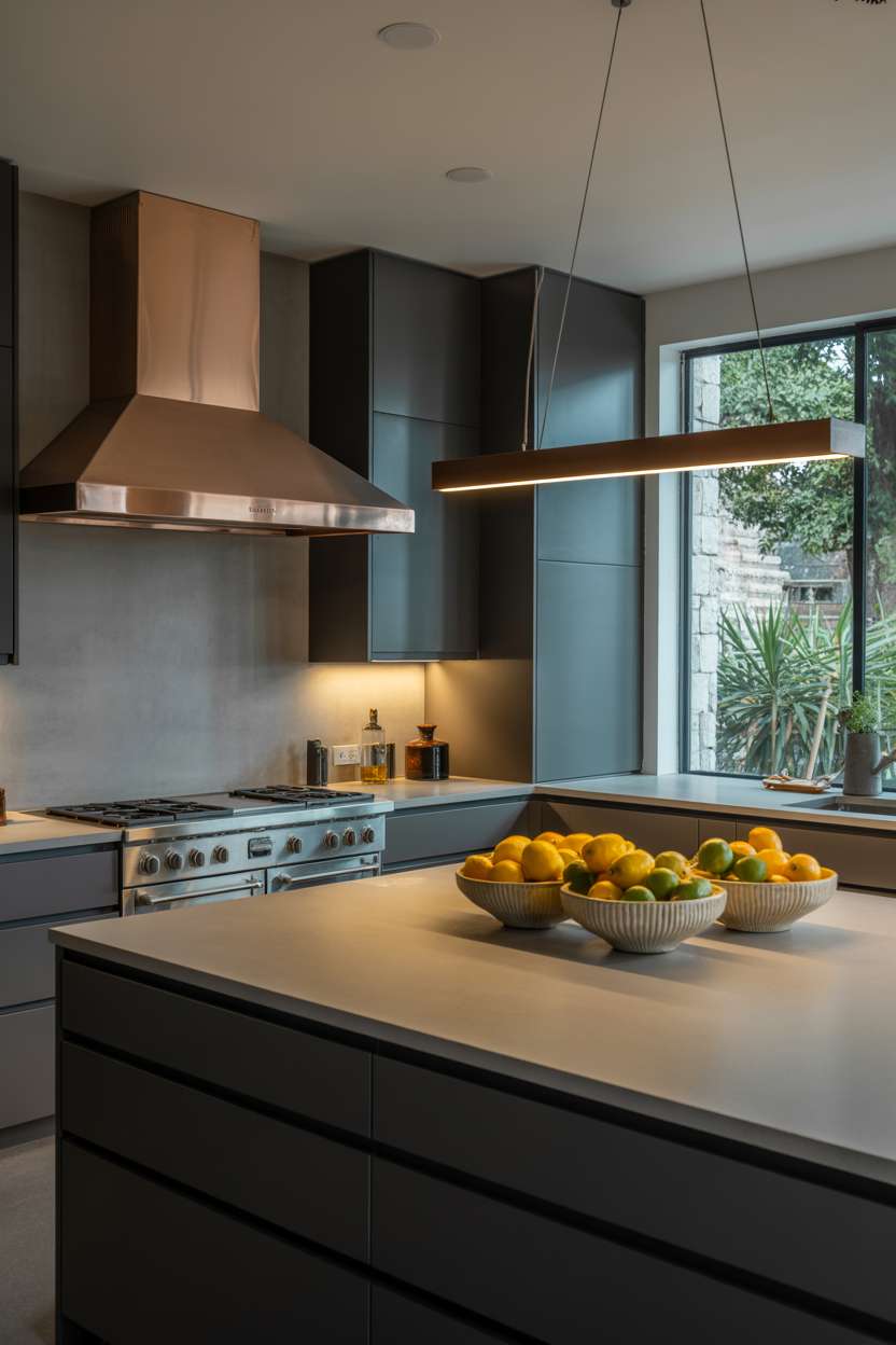 Dark grey kitchen with stainless steel range hood and exposed copper ductwork