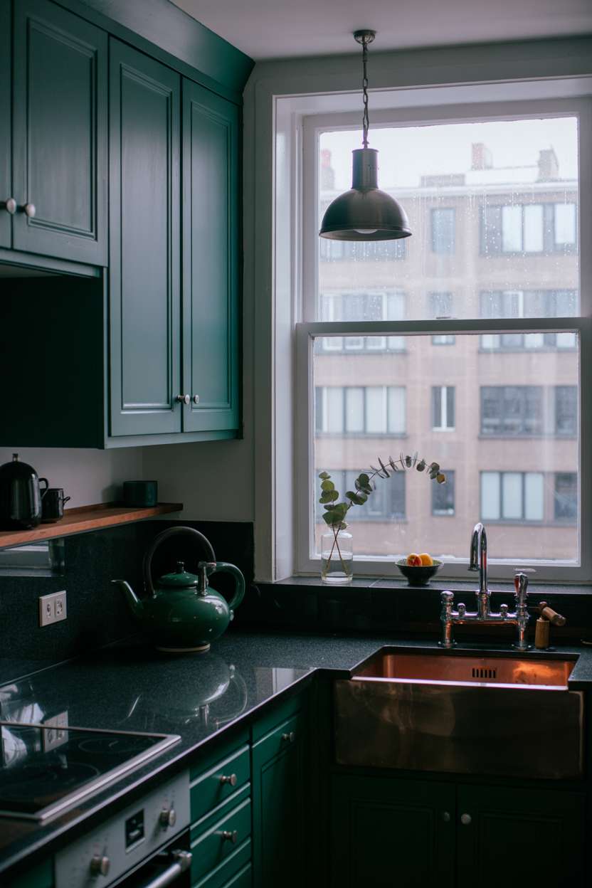 Small dark teal kitchen with copper farmhouse sink and industrial pendant