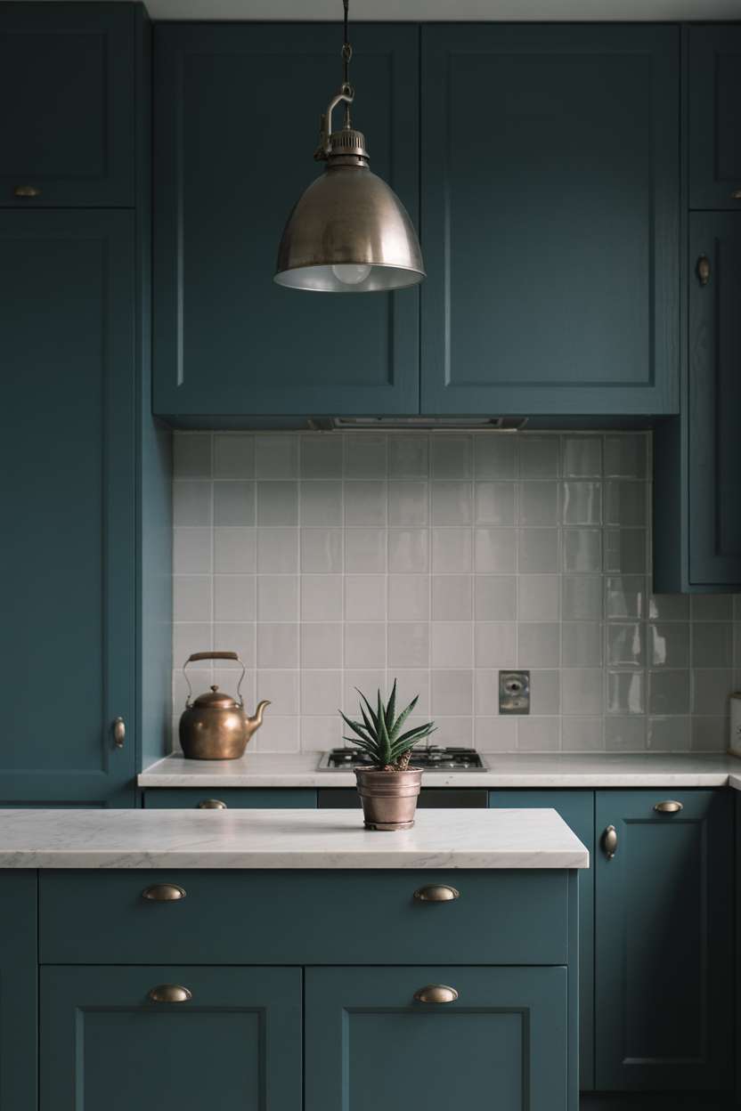 Dark teal kitchen with small marble island and vintage copper teapot