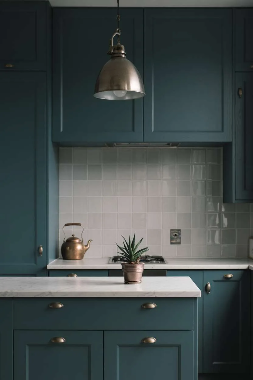 Dark teal kitchen with small marble island and vintage copper teapot