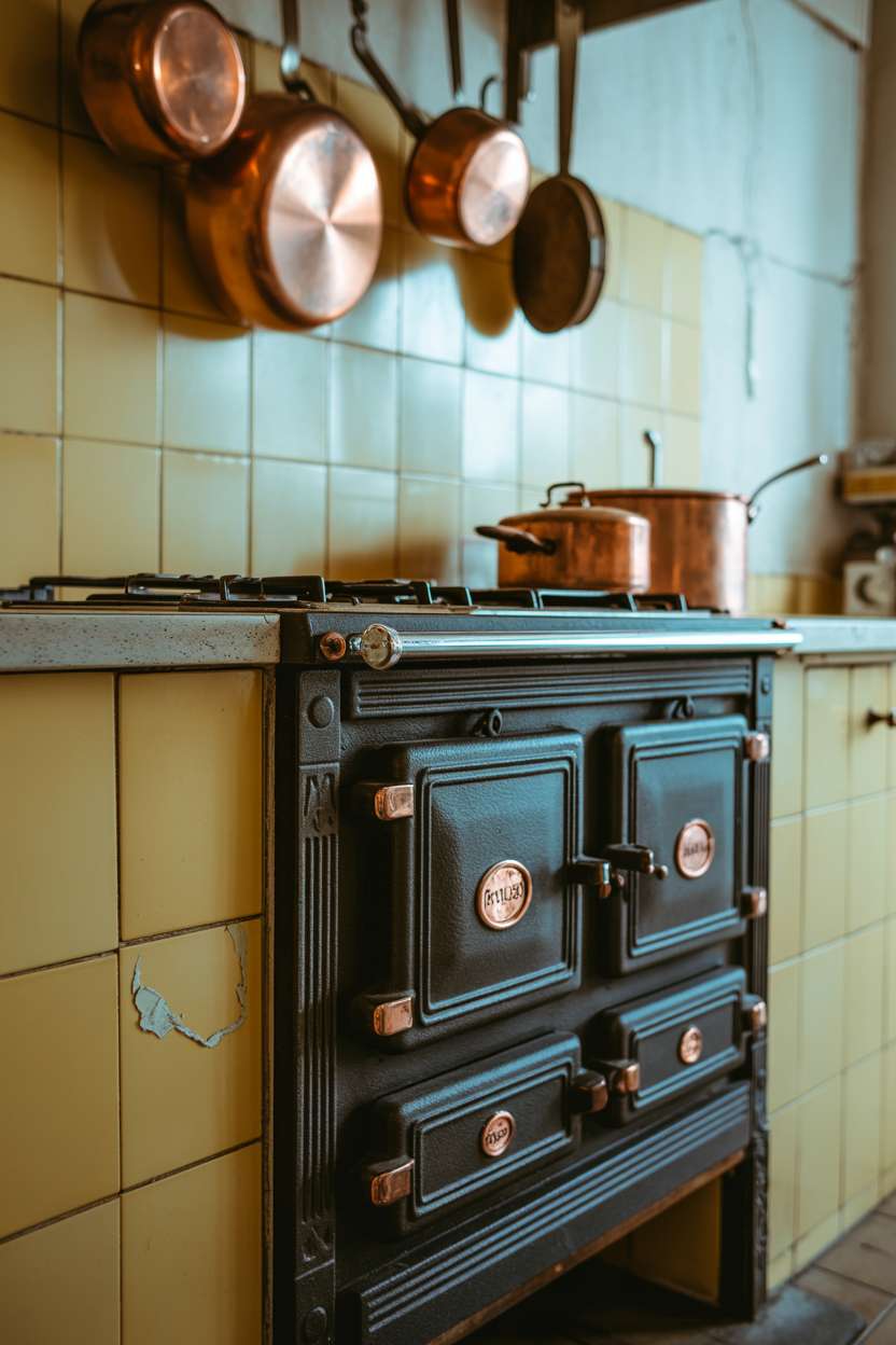Large dark green cast iron stove with copper accents in vintage kitchen
