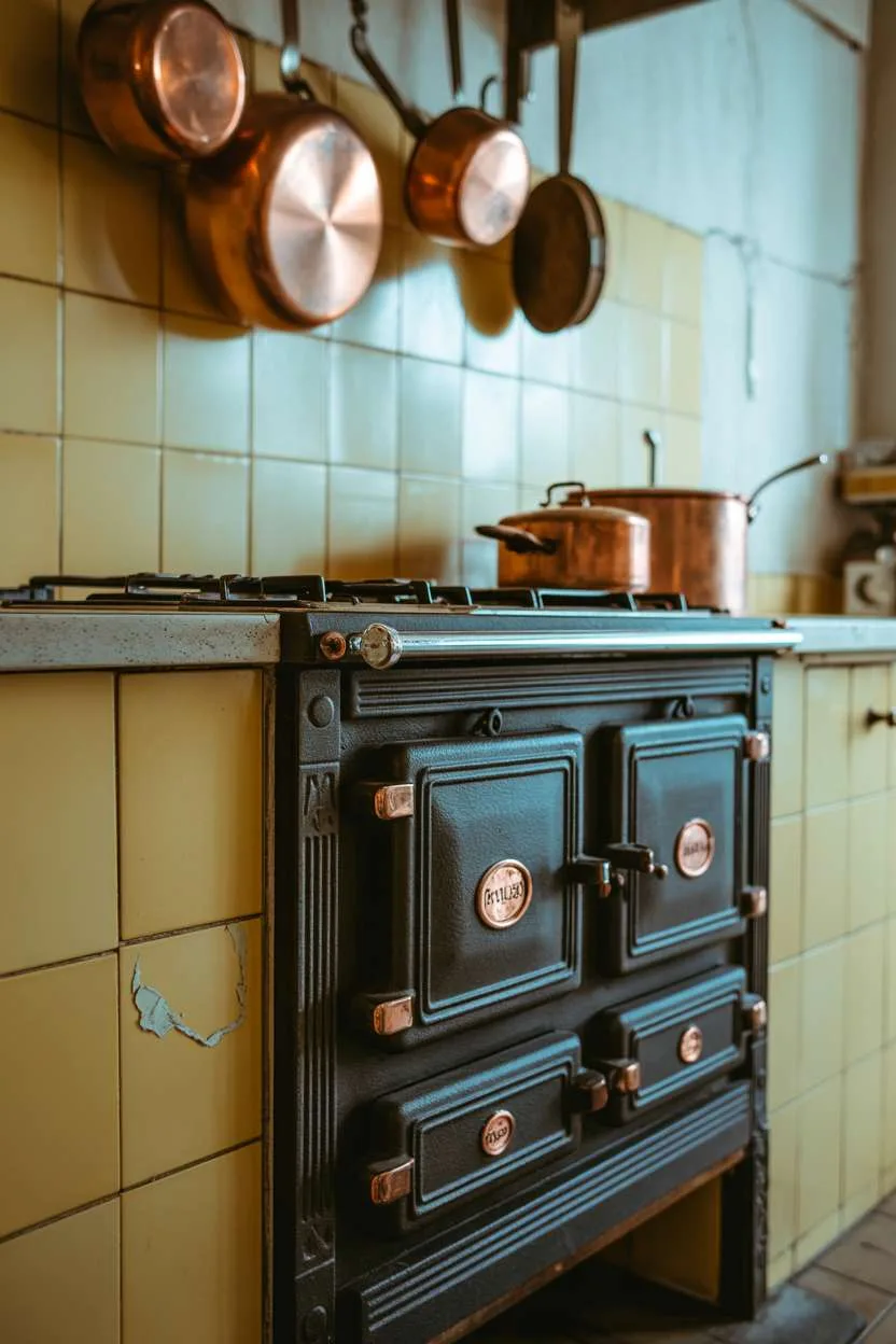 Large dark green cast iron stove with copper accents in vintage kitchen