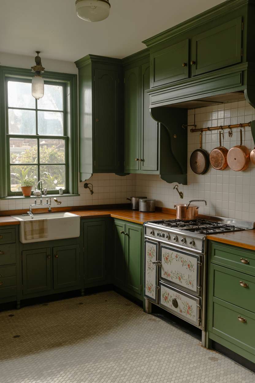 Vintage kitchen with dark green cabinets and checkered tile floor