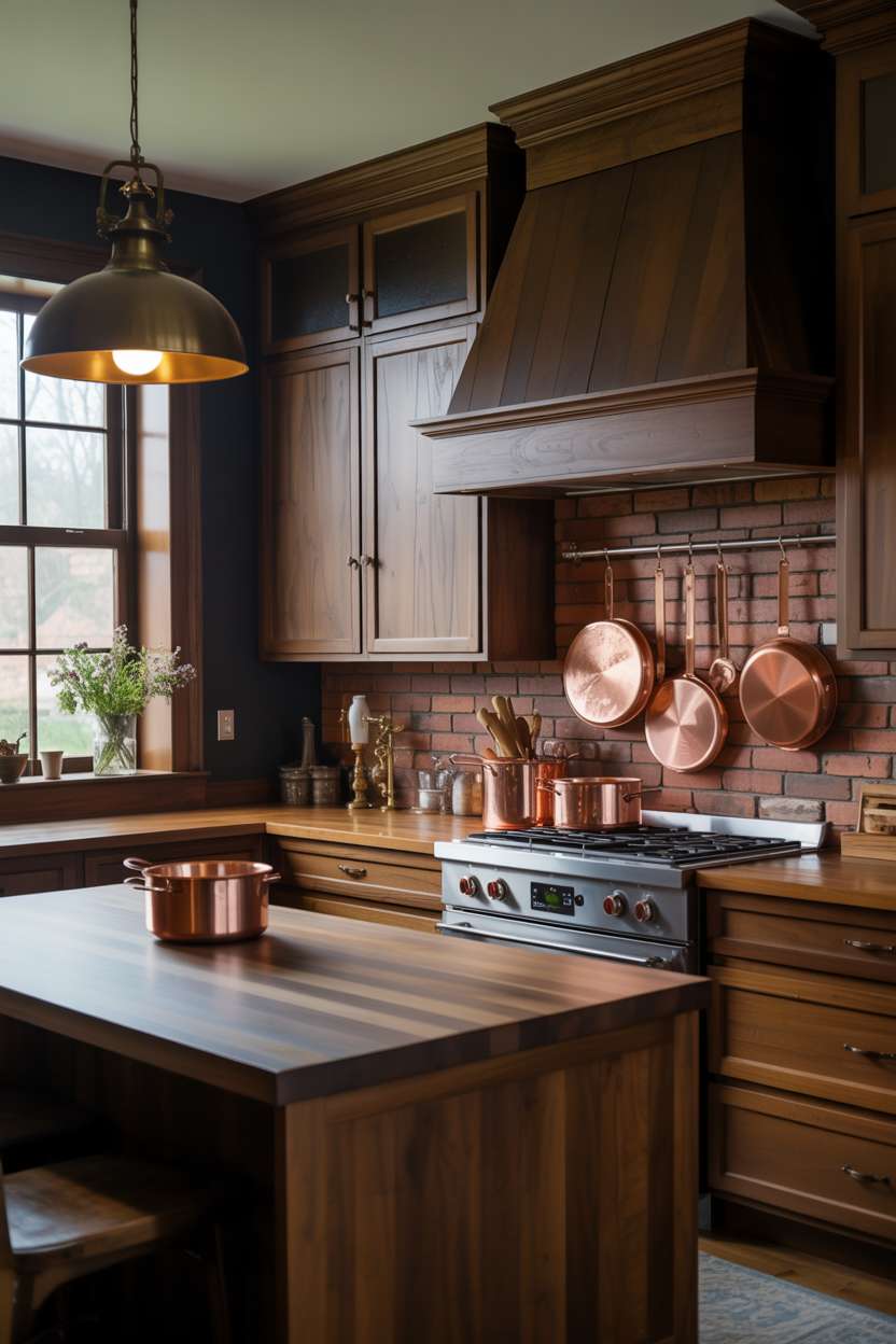 Dark walnut kitchen with butcher block island and exposed brick backsplash