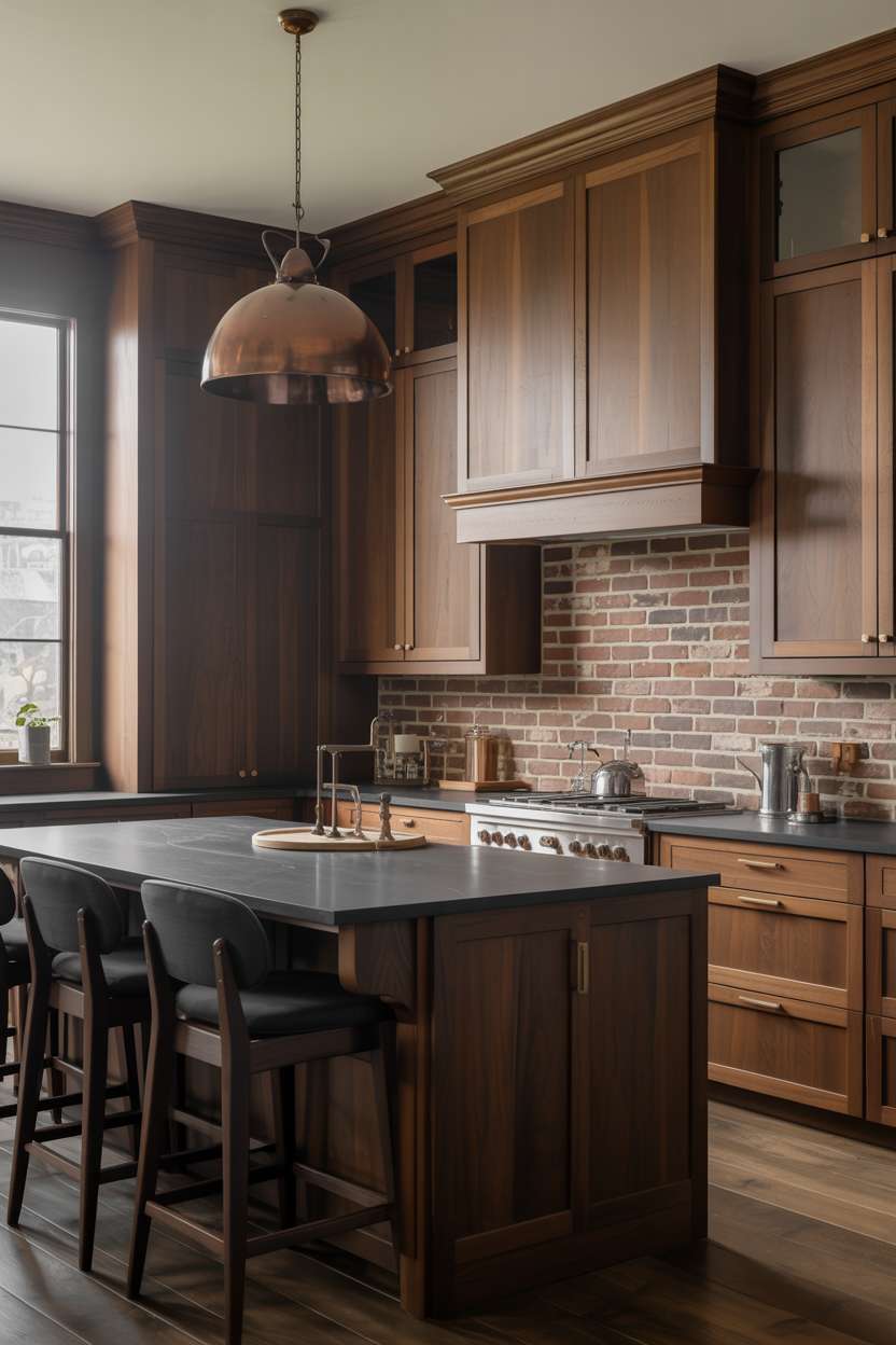 Dark walnut kitchen with black granite island and charcoal grey bar stools
