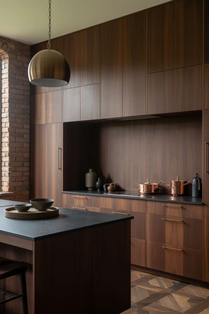 Dark walnut kitchen with honed black granite island and brass pendant light