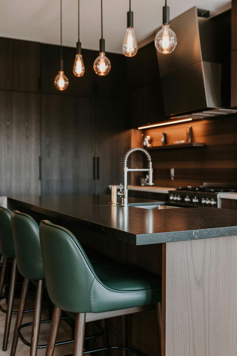 Dark wood kitchen island with black granite and forest green leather bar stools