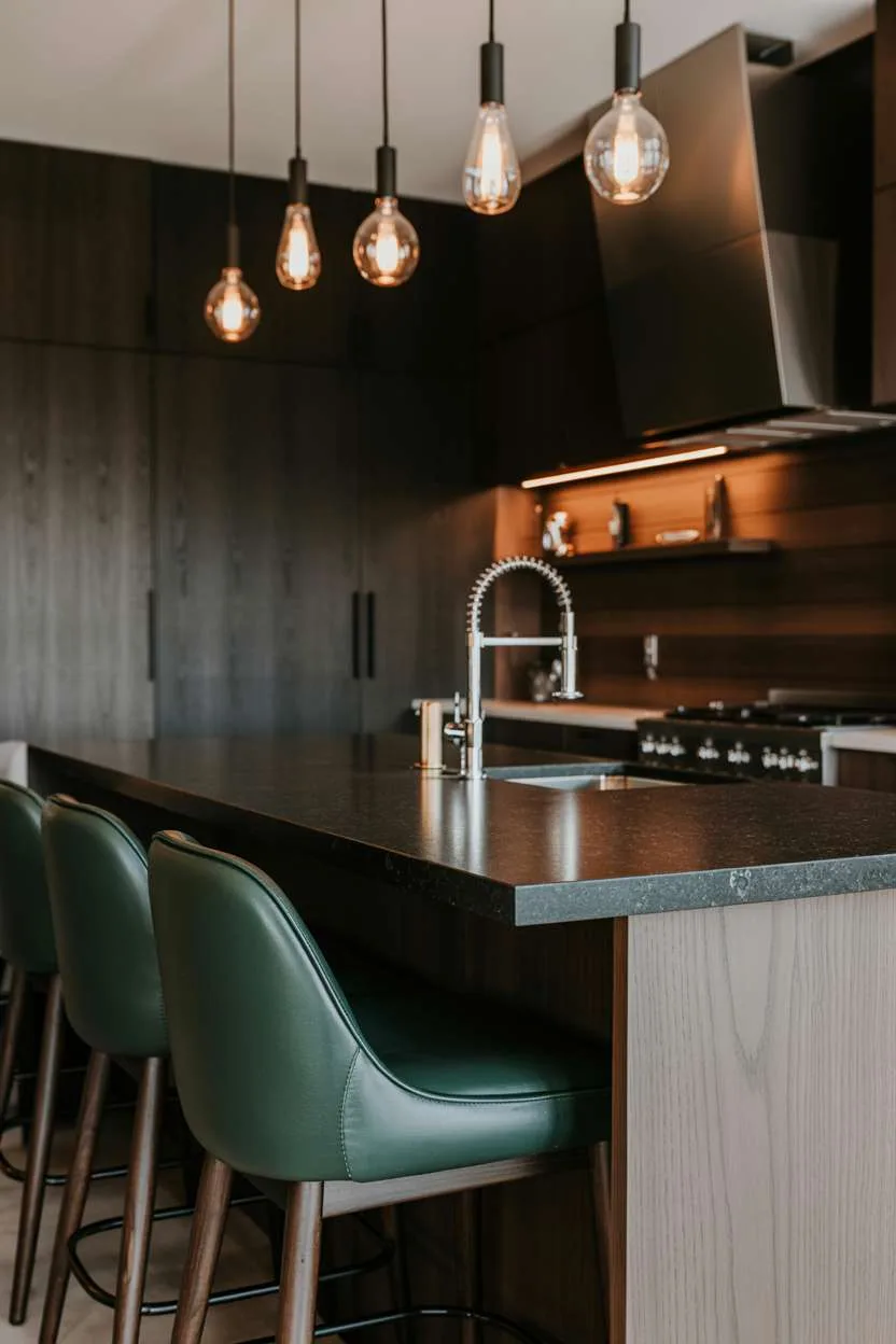 Dark wood kitchen island with black granite and forest green leather bar stools