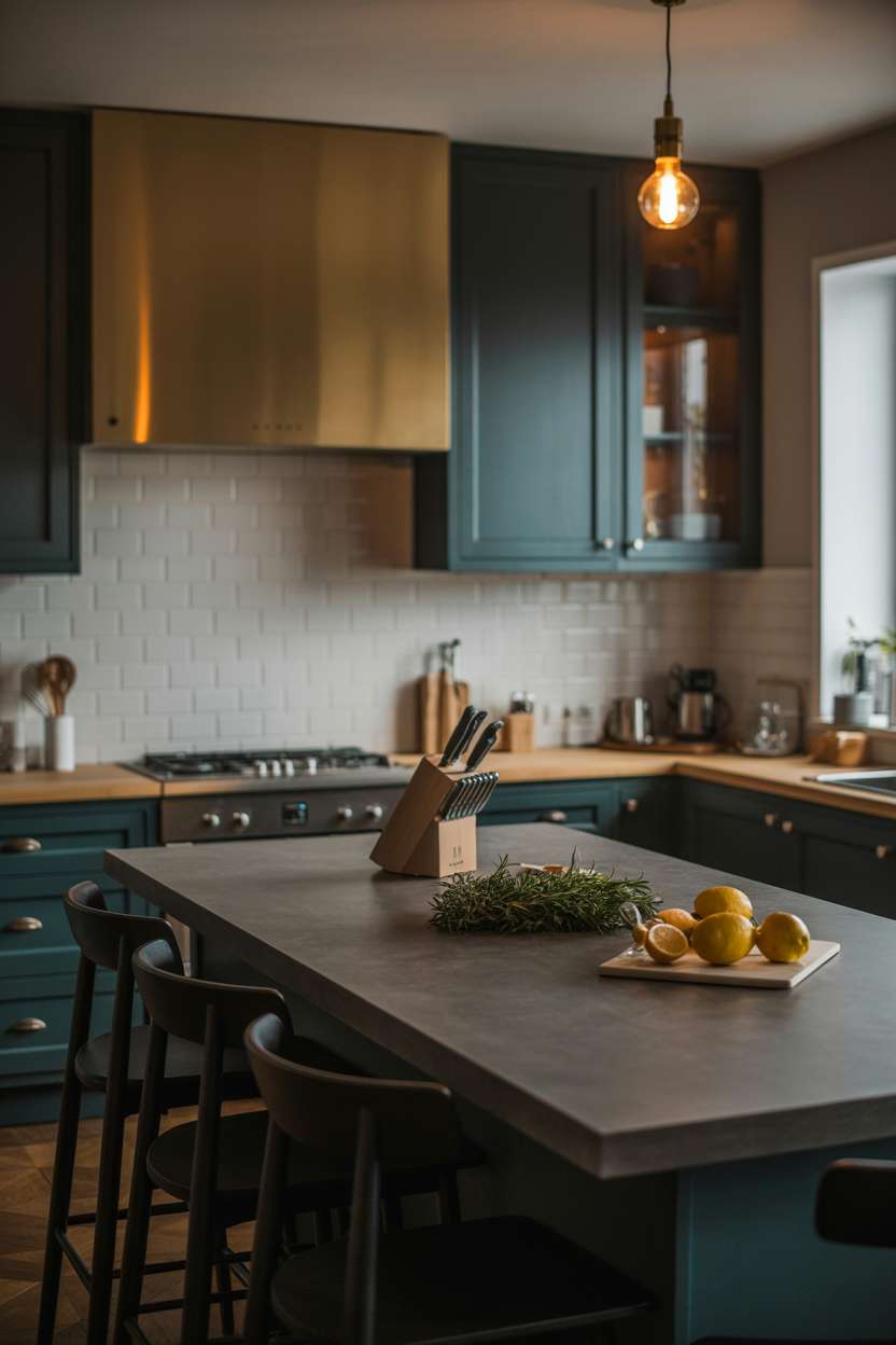 Dark grey concrete kitchen island with teal cabinets and fresh herbs