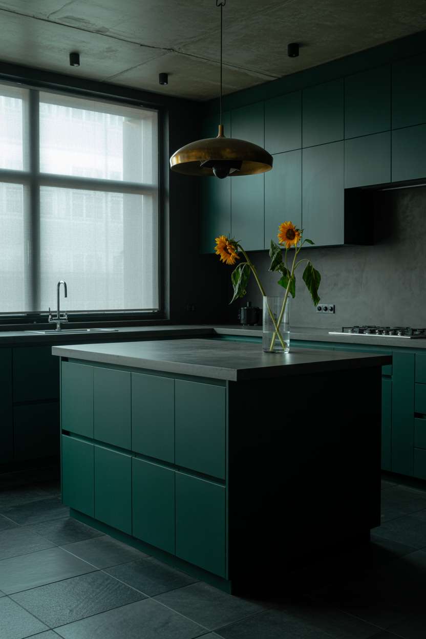 Dark teal kitchen with concrete countertops and wilting sunflower