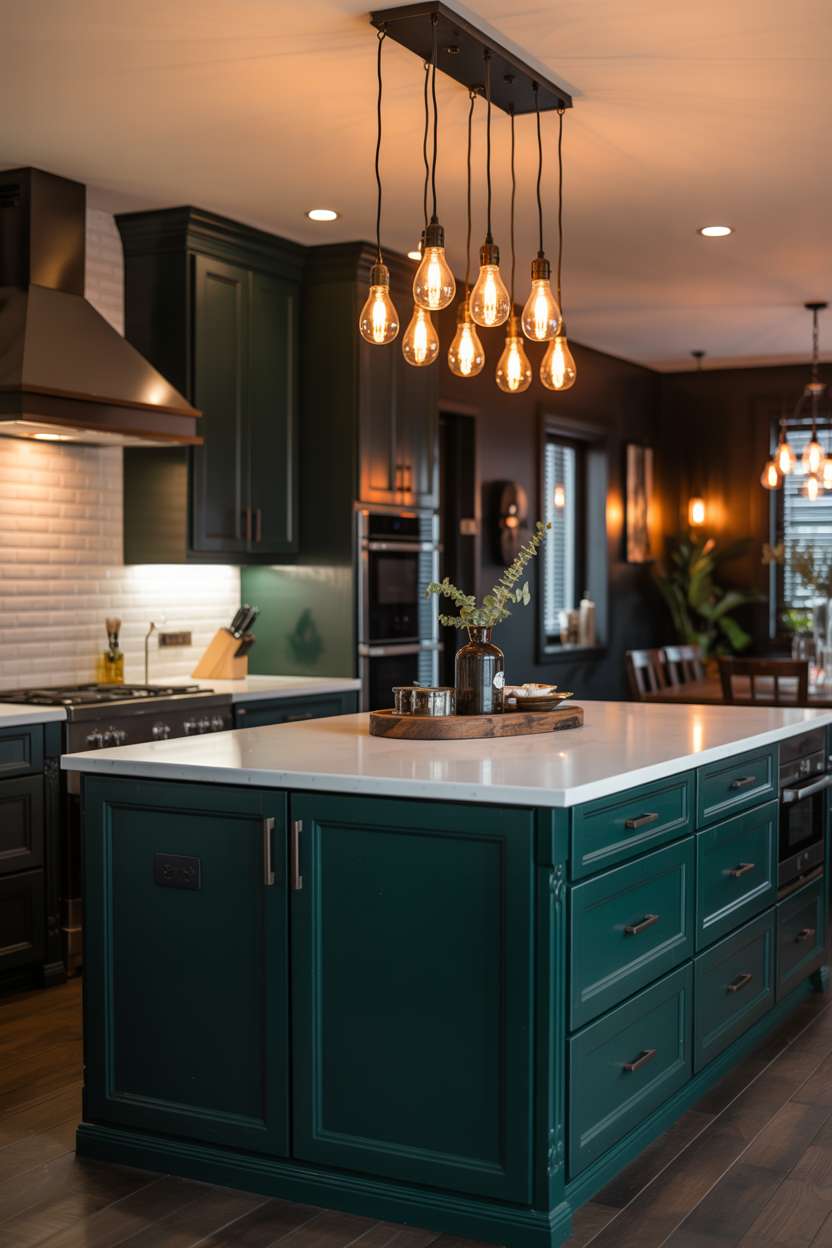 Glossy emerald green kitchen with white quartz island and Edison bulb pendants