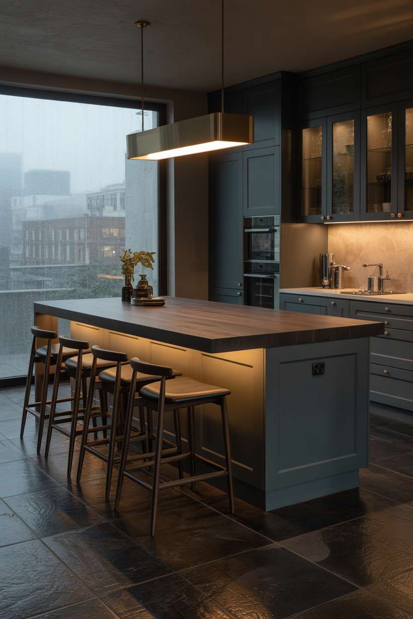 Dark grey kitchen island with walnut countertop and foggy cityscape view