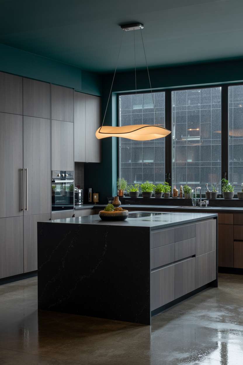 Dark grey kitchen with black waterfall island and sculptural pendant light