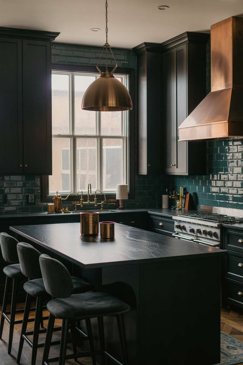 Dark kitchen with honed black granite island and grey velvet bar stools