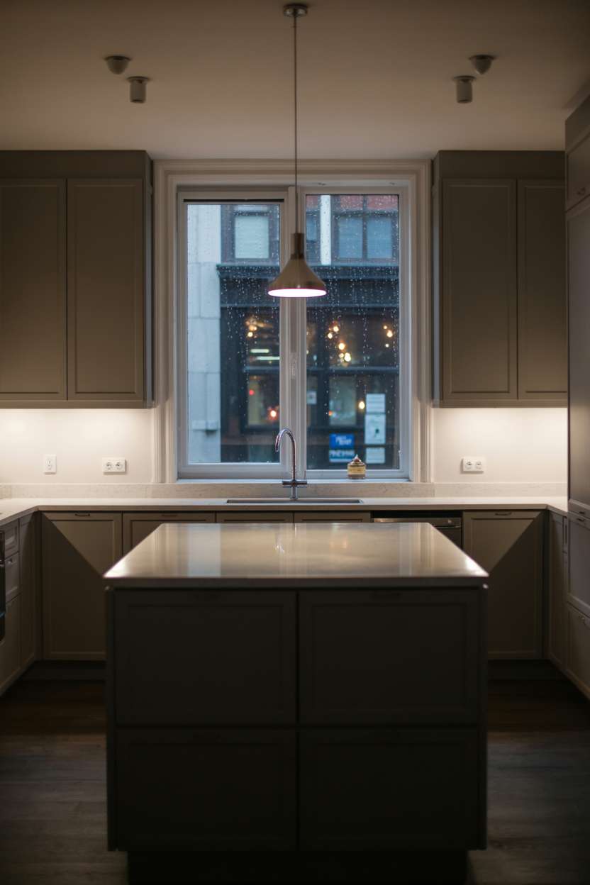 Dark grey kitchen with white quartz island and rain-streaked city view