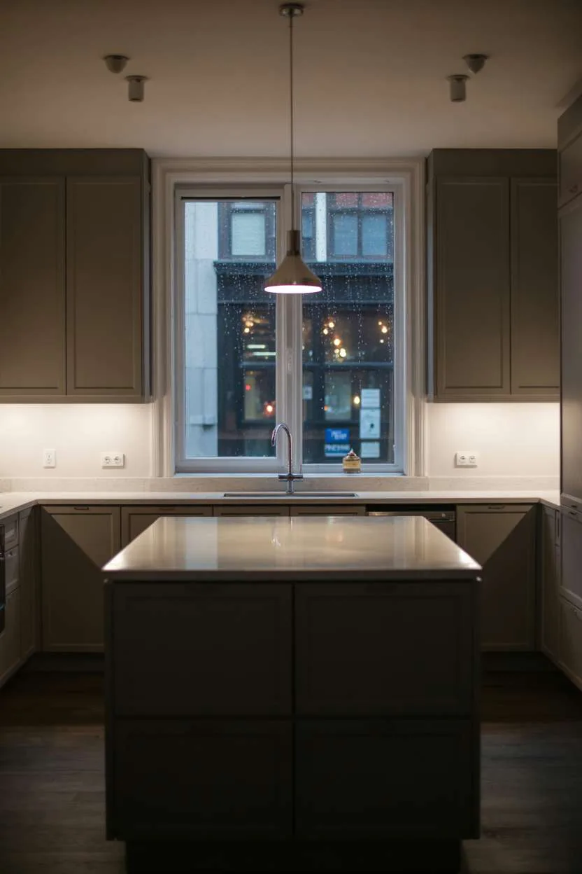 Dark grey kitchen with white quartz island and rain-streaked city view