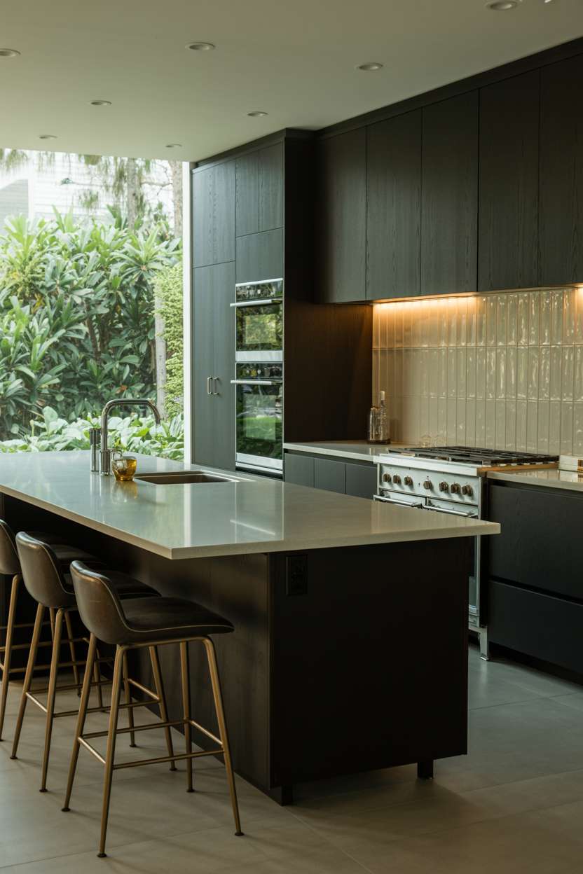 Dark grey kitchen with light grey quartz island and geometric tile backsplash