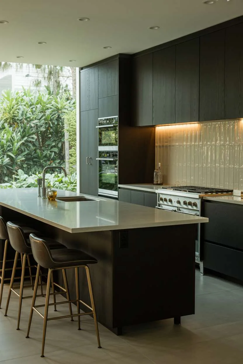 Dark grey kitchen with light grey quartz island and geometric tile backsplash