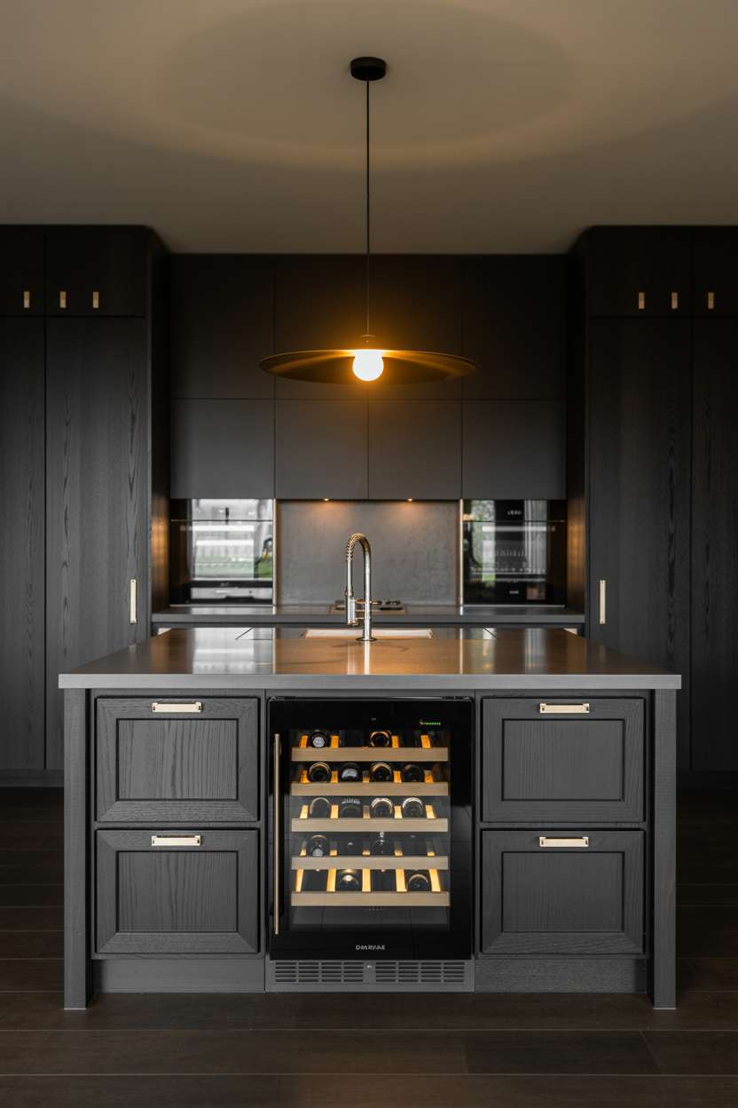 Dark kitchen island with built-in wine fridge and black quartz countertops