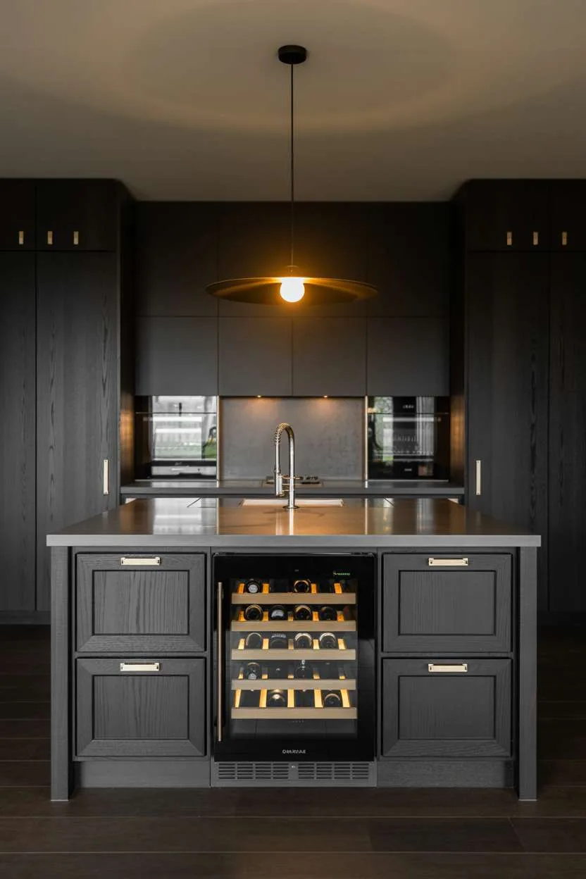 Dark kitchen island with built-in wine fridge and black quartz countertops