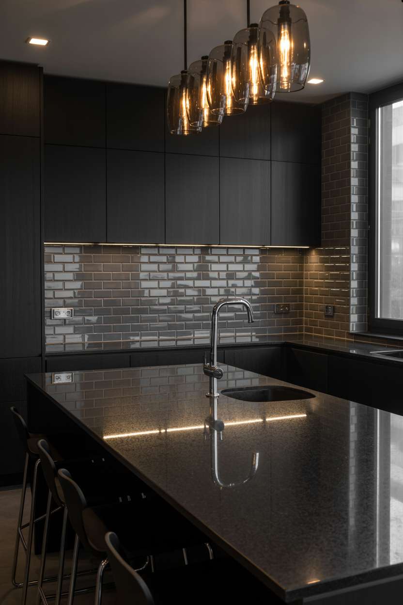 Black kitchen with dark granite island and chrome bar stools
