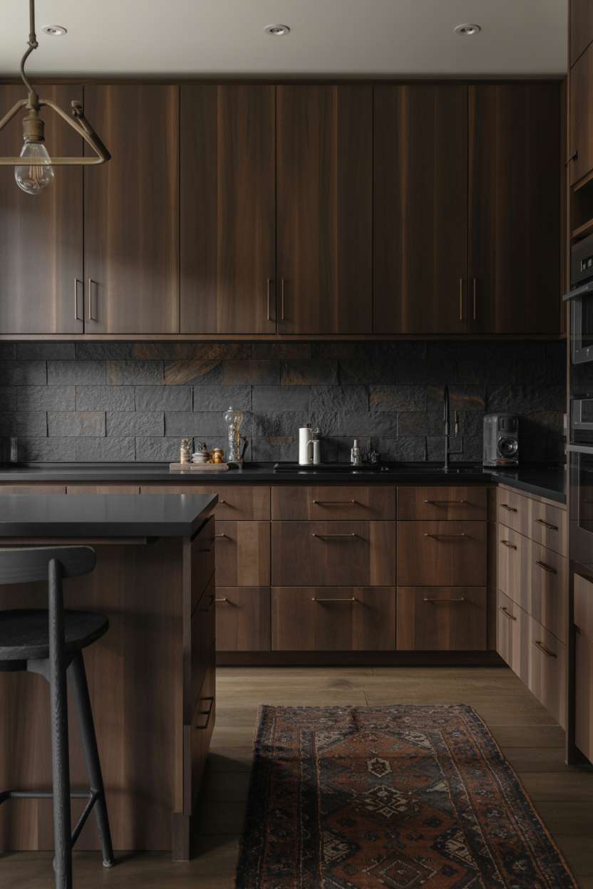 Dark walnut kitchen with matte black waterfall island and vintage Persian rug