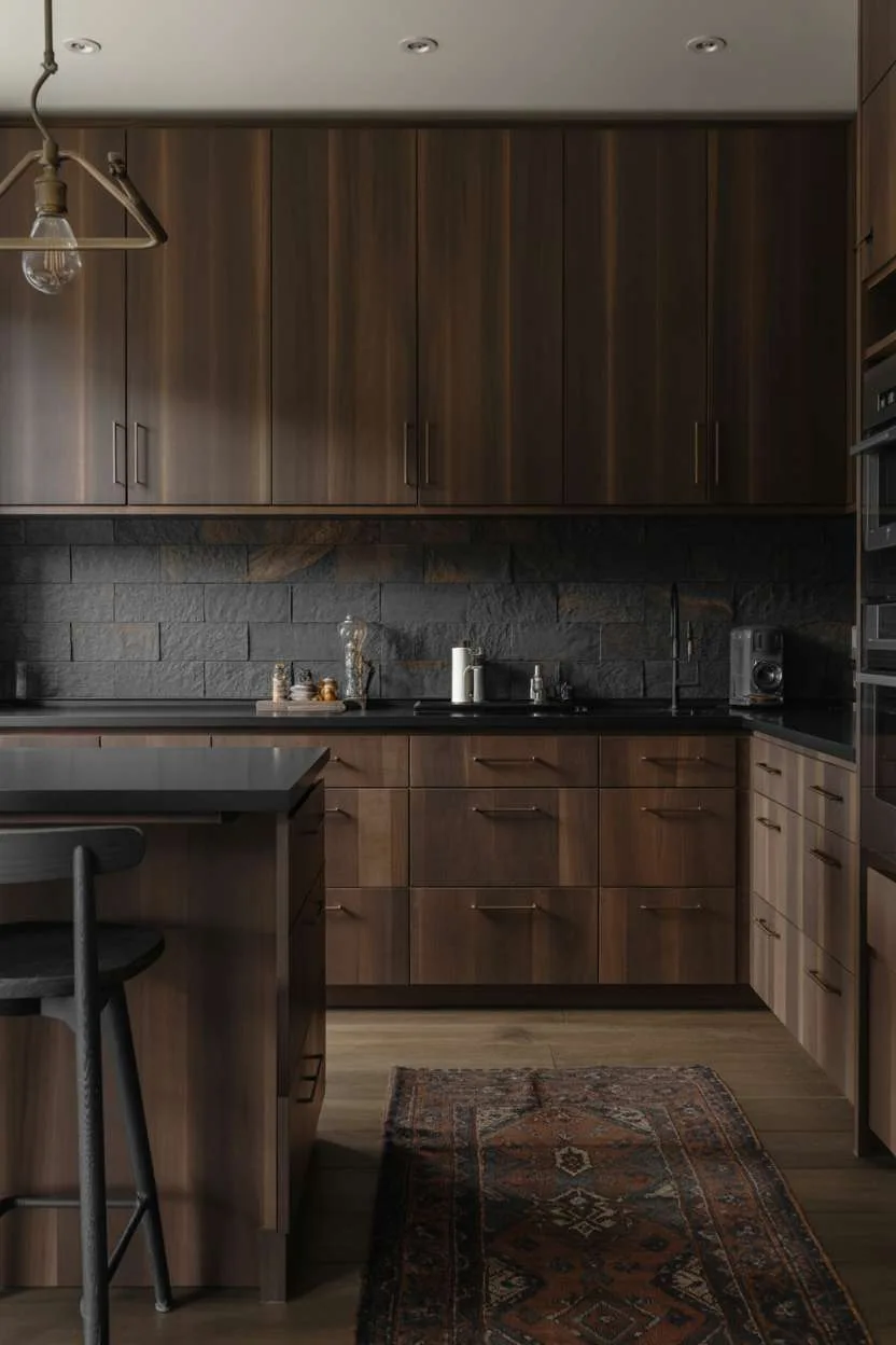 Dark walnut kitchen with matte black waterfall island and vintage Persian rug