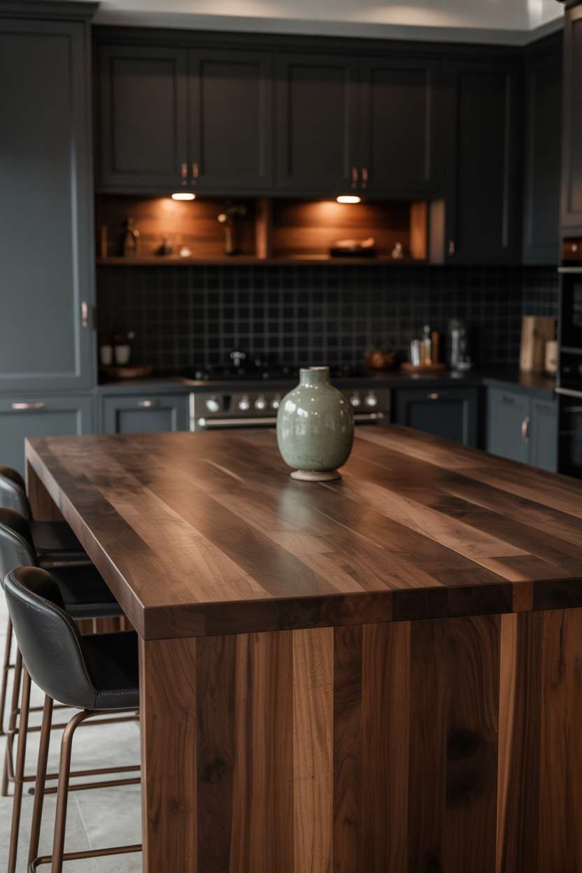 Dark kitchen with reclaimed walnut island and copper-legged bar stools