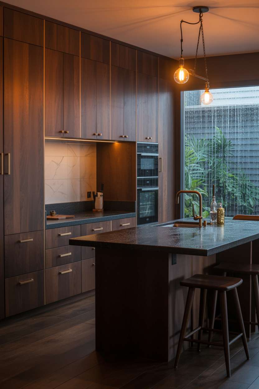 Dark walnut kitchen with granite island and bare Edison bulb pendant