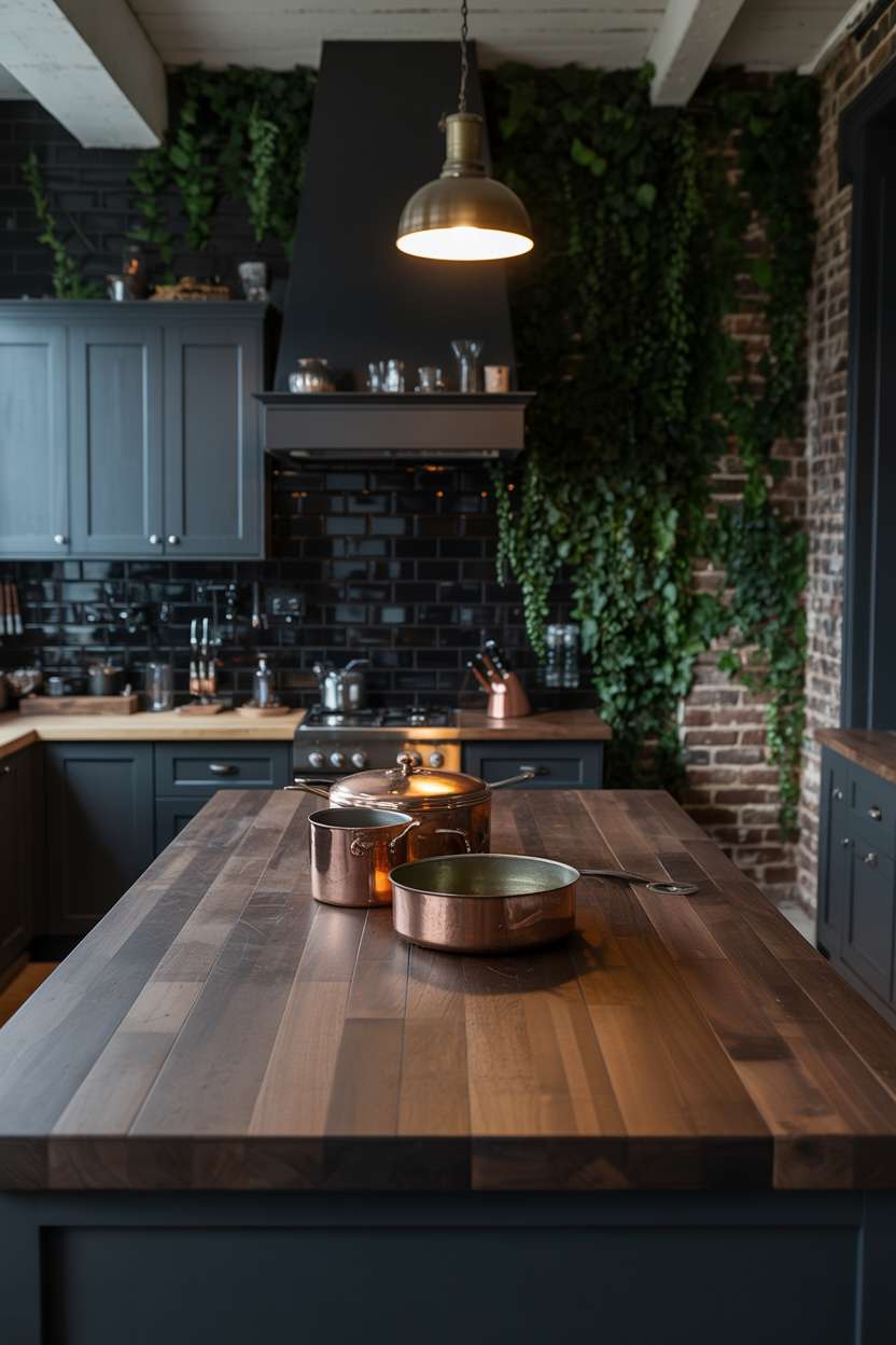 Dark kitchen with walnut island and ivy-covered exposed brick walls