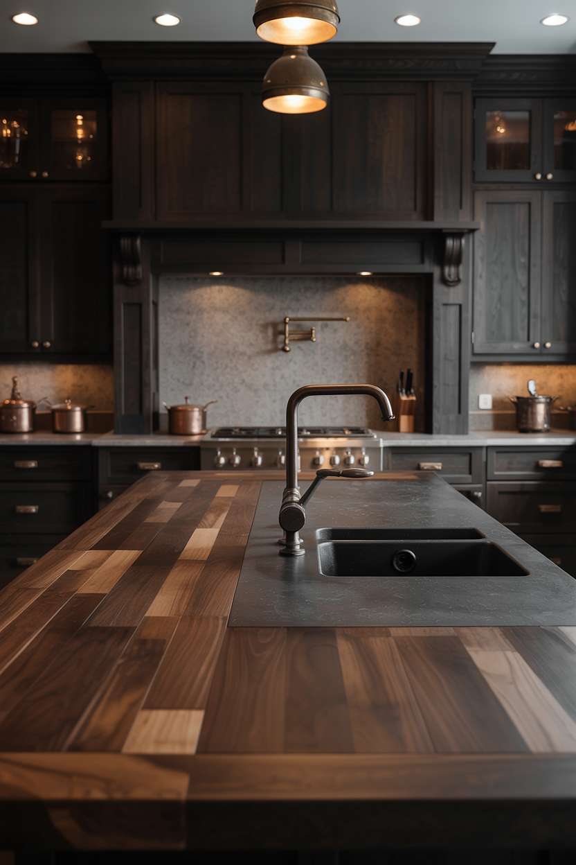 Dark kitchen with walnut island, grey granite countertop, and textured stone backsplash