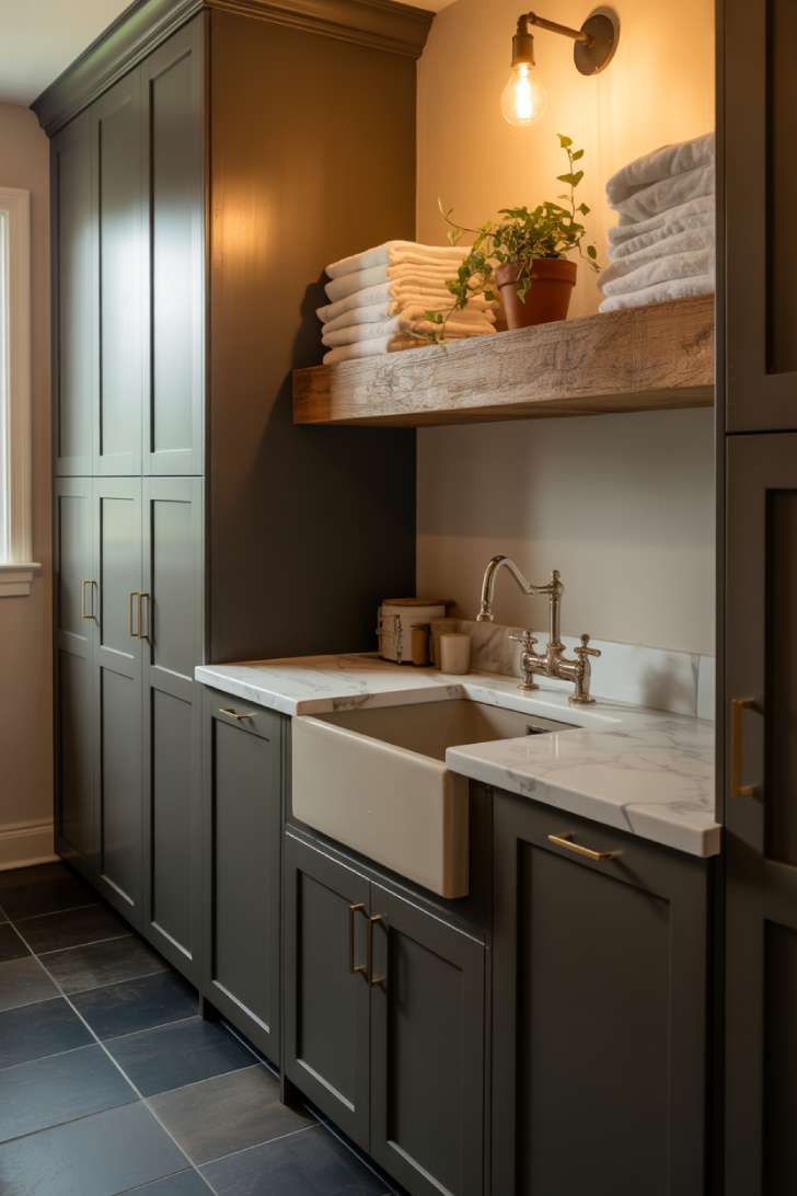 Matte black laundry room cabinets with brass hardware and marble countertop