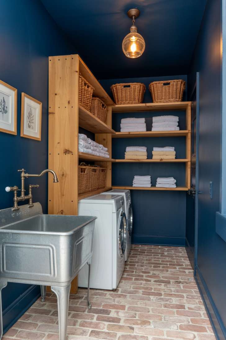 Deep navy laundry room with brick floors, reclaimed wood shelves, and brass utility sink
