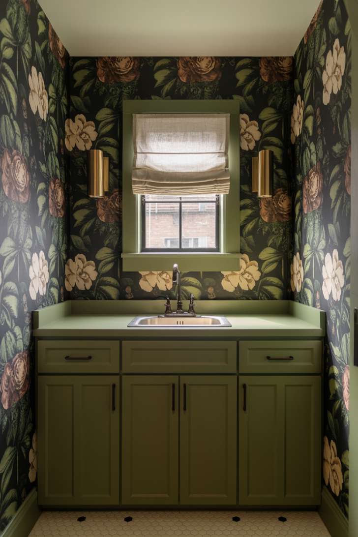 Dark botanical wallpaper laundry room with olive green cabinets and hexagon tile floor