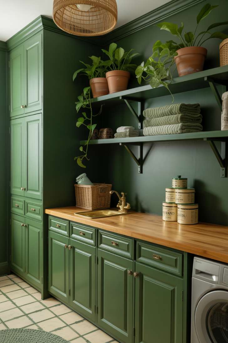 Color-drenched forest green laundry room with butcher block countertop and rattan pendant light