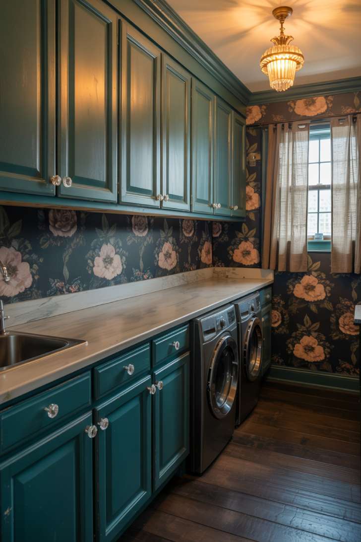 Teal laundry room cabinets with dark floral wallpaper and crystal brass chandelier