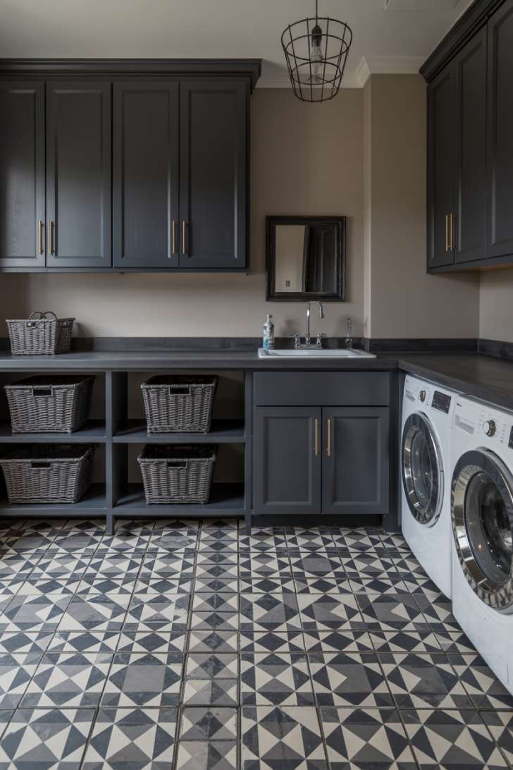 Bold geometric patterned tile floor laundry room with charcoal cabinets and black granite countertop