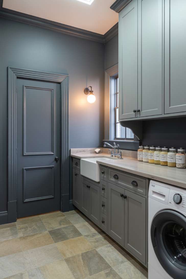 Soft charcoal laundry room with black trim detail, soapstone countertop, and farmhouse sink