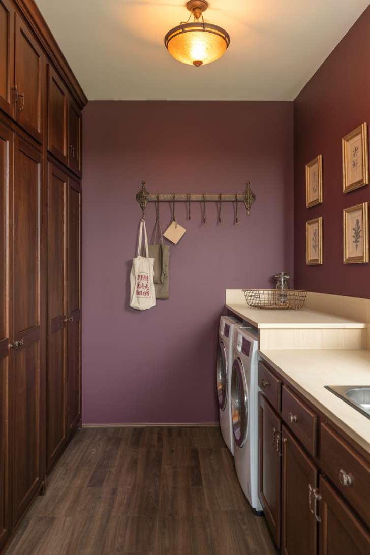 Deep plum laundry room with espresso cabinets, warm white countertop, and vintage brass lighting