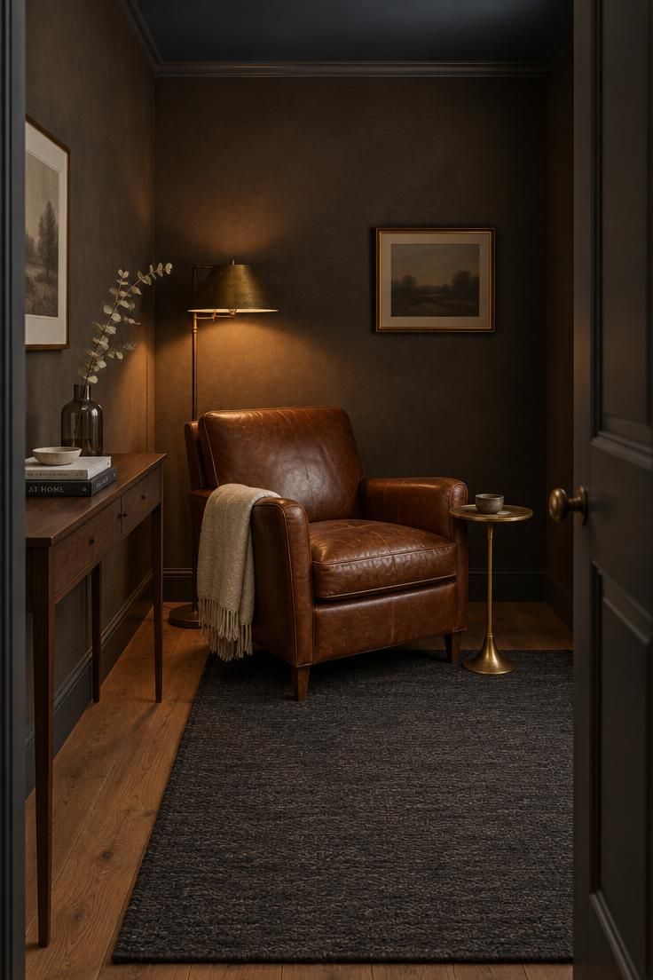 11 Moody Man Cave Ideas for a Warm, Layered Retreat 1 Compact den with charcoal-brown walls, a tinted ceiling, a cognac leather armchair lit by one warm floor lamp, and a brass side table.