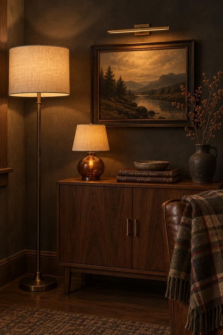 11 Moody Man Cave Ideas for a Warm, Layered Retreat 2 Corner vignette with a linen-shade floor lamp, an amber-glass table lamp on a walnut cabinet, and a brass picture light over a dark-framed painting.