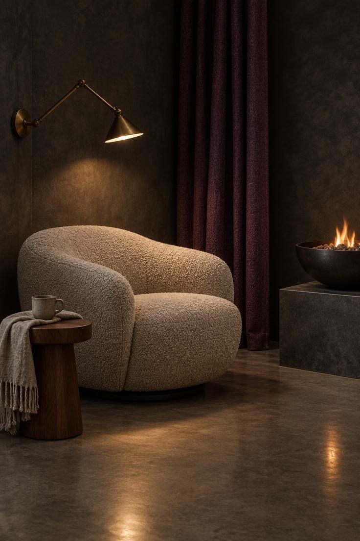 11 Moody Man Cave Ideas for a Warm, Layered Retreat 3 Oversized boucle swivel chair in oat fabric angled toward a steel fire bowl in a shadowed charcoal corner with brass wall lamp.