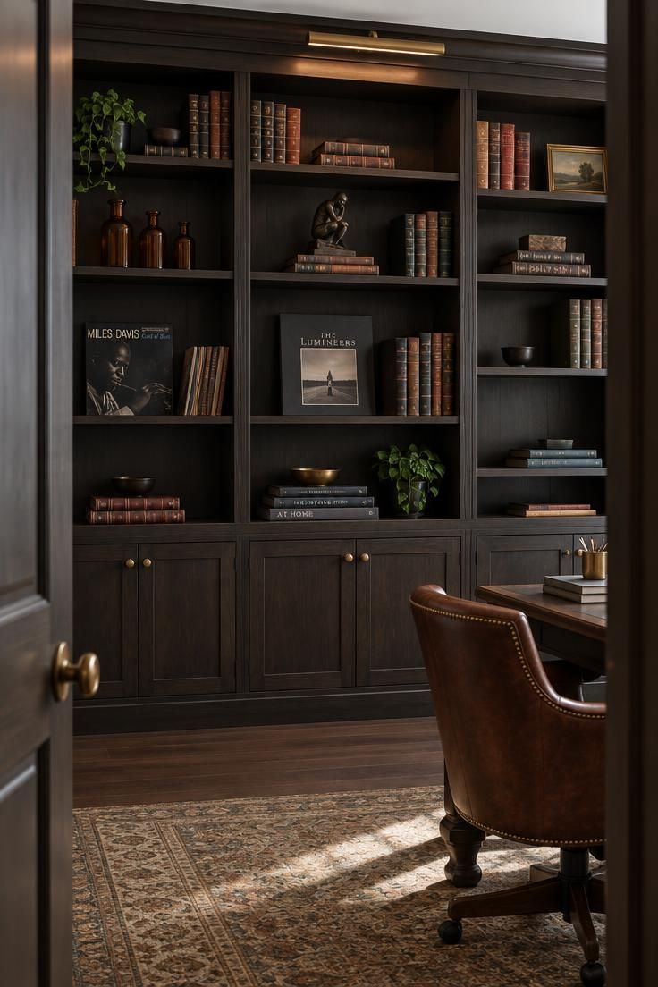 11 Moody Man Cave Ideas for a Warm, Layered Retreat 4 Floor-to-ceiling dark built-in shelving in espresso, styled with leather books, amber bottles, framed sleeves, and open gaps between groups.