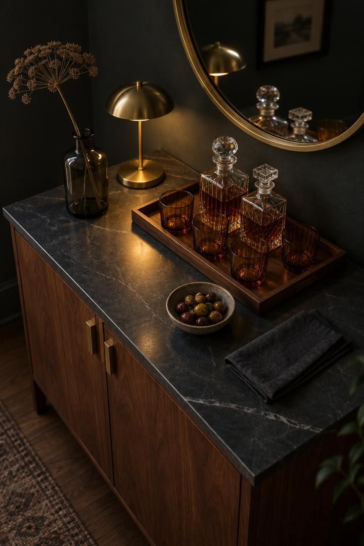 11 Moody Man Cave Ideas for a Warm, Layered Retreat 5 Overhead view of a moody bar corner with a dark stone counter, a round mirror reflecting a brass task lamp, and amber glassware on a wooden tray.