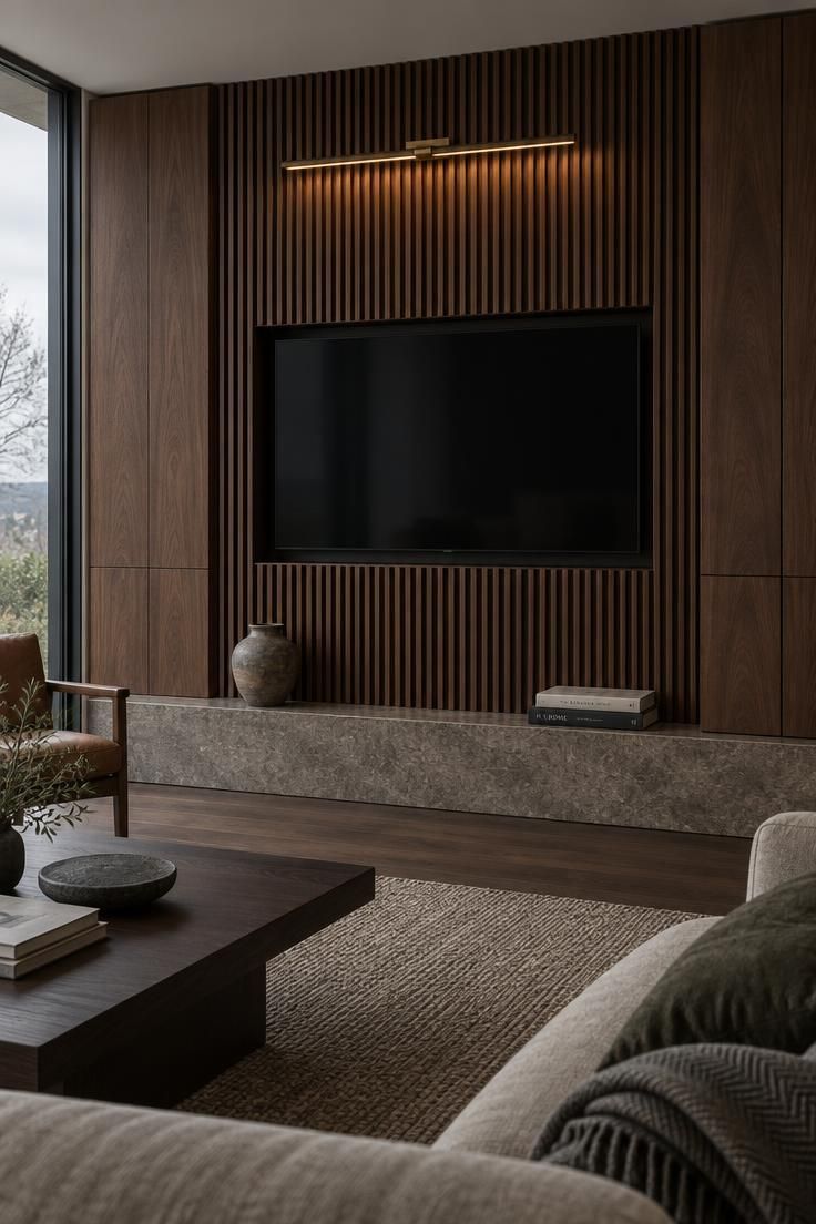 11 Moody Man Cave Ideas for a Warm, Layered Retreat 6 Media wall of vertical dark walnut slats with a matte screen recess, flanking walnut cabinets, and a thin picture light above.