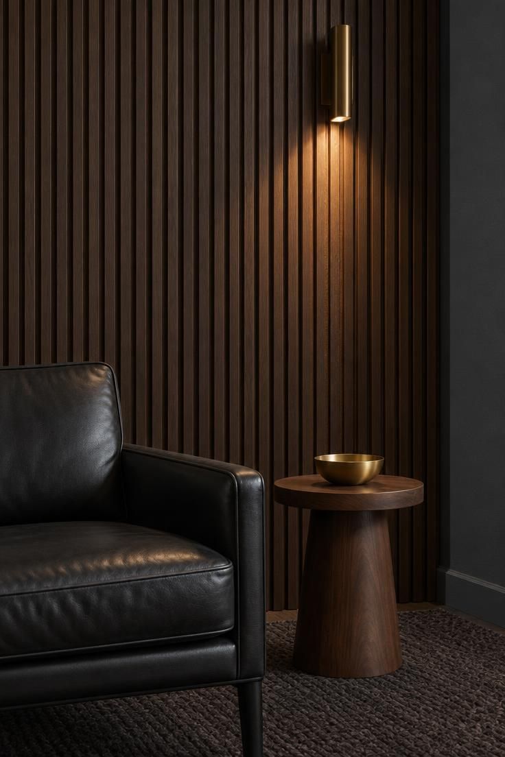 11 Moody Man Cave Ideas for a Warm, Layered Retreat 7 Reeded dark oak paneling with a brass sconce raking light across the grooves and the edge of a leather chair below.